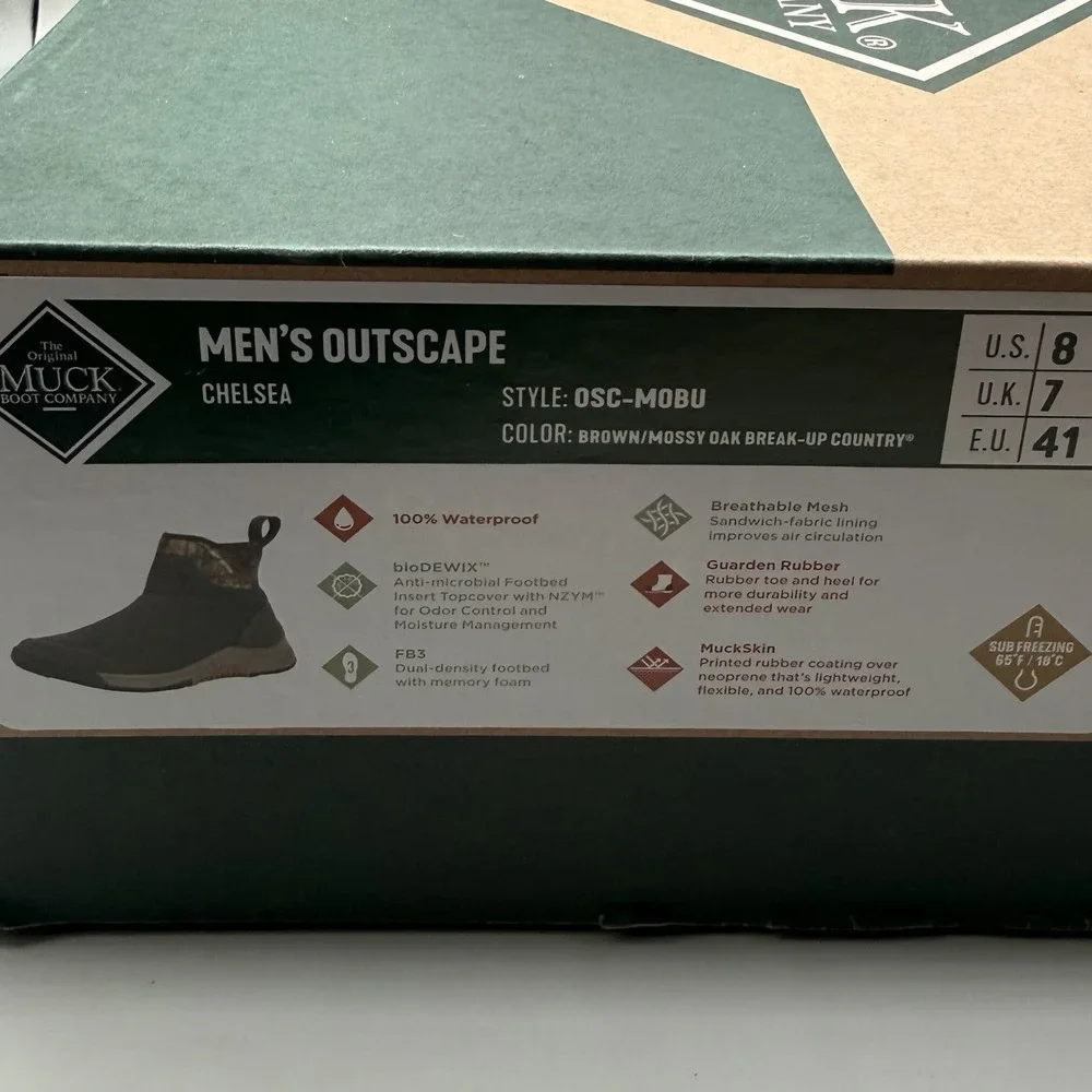 Muck Boot Men 8 Mossy Oak Outscape Chelsea Slip On Brown Waterproof NEW OSC-MOBU